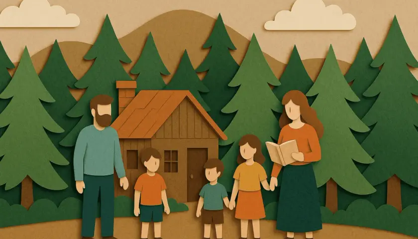 Famiglia in un bosco, con una casa e alberi. La madre legge un libro ai figli, un esempio di scuola parentale.