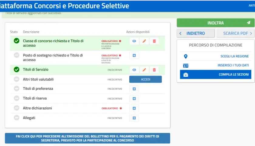 Piattaforma per procedure selettive e concorsi: sezione "Titoli di Servizio" completata.