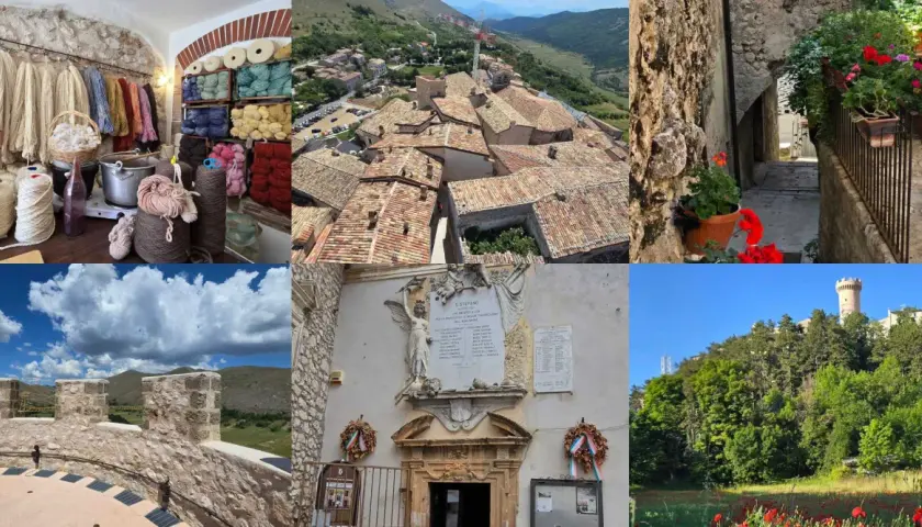 Viste di Santo Stefano di Sessanio: bottega di filati, tetti del borgo, vicoli fioriti, mura antiche e un castello in collina.