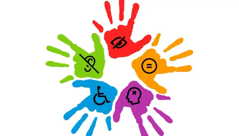 Mani colorate con simboli di disabilità e uguaglianza, rappresentano barriere e facilitatori del contesto scolastico.