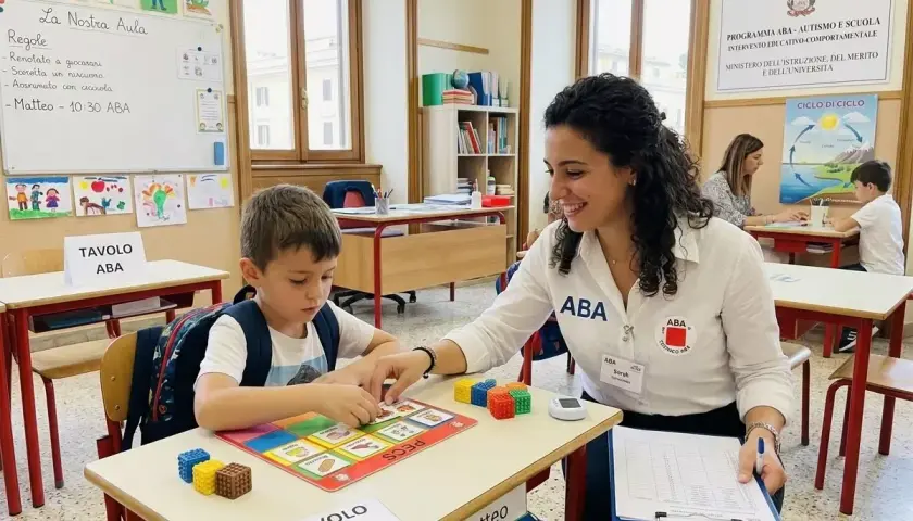 Bambino con insegnante ABA in aula, concentrati sull'apprendimento. Il loro stipendio di agosto docenti è meritato.