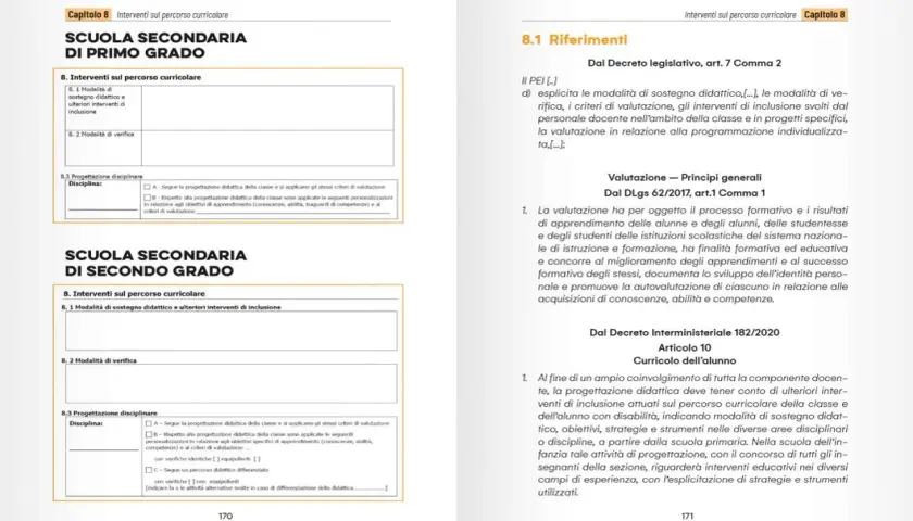 Documento scolastico con sezioni su scuola secondaria di primo e secondo grado, che include un esempio di verifica PEI.
