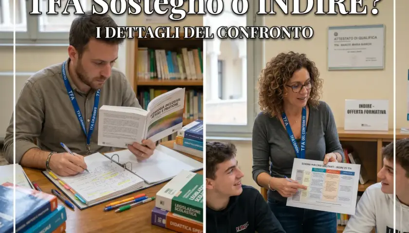 Uomini e donne studiano, confrontando i percorsi TFA e Indire. Il TFA significato è centrale in questo confronto formativo.