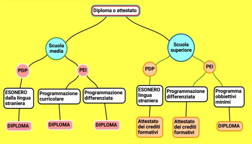 Schema per il diploma o attestato: scuola media e superiore, con percorsi PDP/PEI per la secondaria secondo grado, esoneri e programmazioni differenziate.