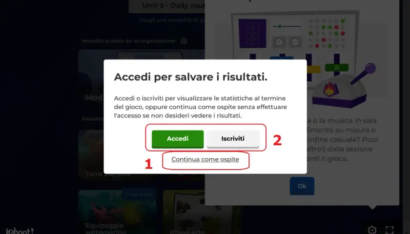 Finestra di dialogo Kahoot per salvare i risultati. Per iniziare a giocare, scegli "Accedi", "Iscriviti" o "Continua come ospite".