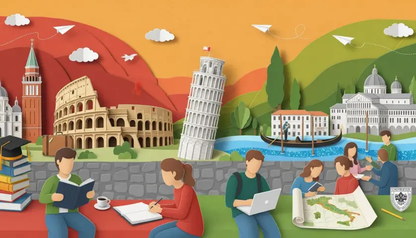 Studenti studiano e sognano l'erasmus in Italia, tra monumenti iconici e paesaggi da cartolina.
