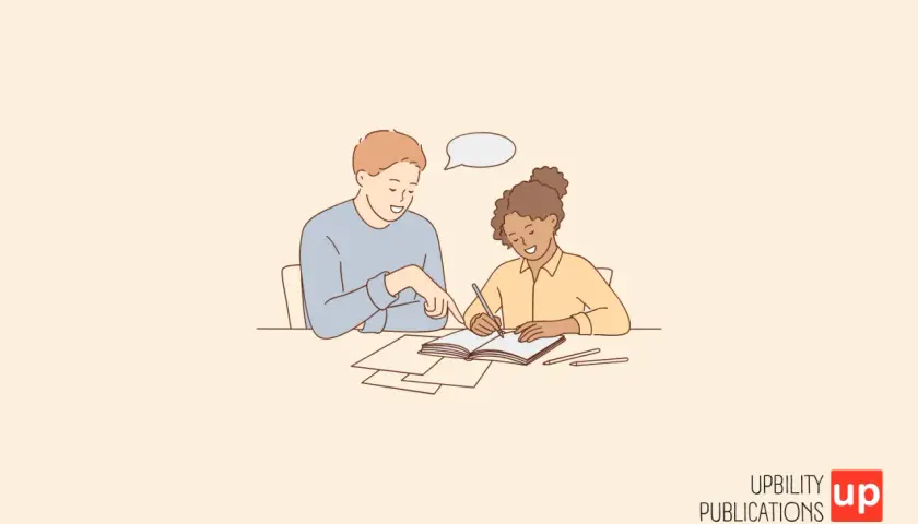 Un uomo indica un libro mentre una ragazza scrive, forse chi redige il PEI.