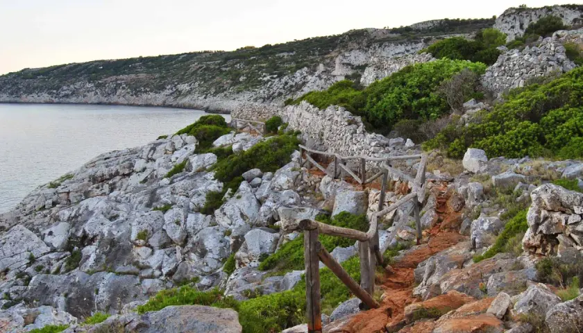 Sentiero roccioso con muretto a secco e vegetazione mediterranea, vicino alle grotte cipolliane.