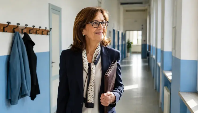 Dirigente scolastica con cartella in corridoio, un volto sorridente che guarda al futuro, forse parte dell'elenco nuovi dirigenti scolastici.