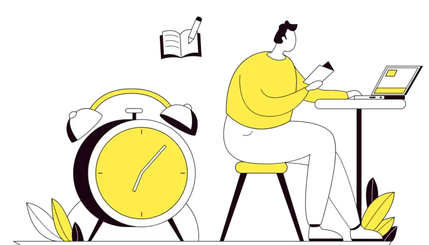 Studente concentrato al computer, con sveglia e libro. La buona scuola richiede impegno e tempo.