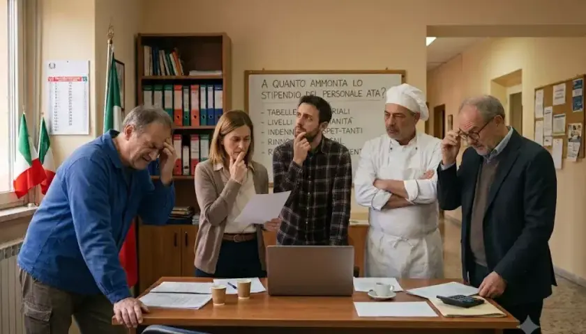 Gruppo di persone discute su un foglio, con una lavagna che chiede: "A quanto ammonta lo stipendio del personale ATA?". Sembra una riunione per definire le retribuzioni.