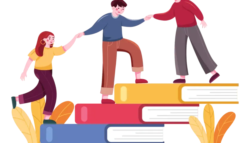 Persone si aiutano a salire su una pila di libri, simboleggiando il sostegno nella scuola.