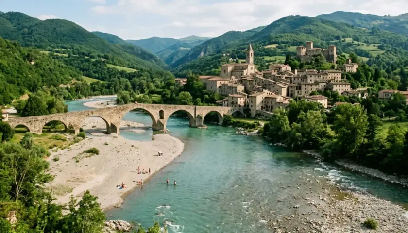 Ponte medievale sul fiume Trebbia, con borgo storico e castello arroccato. Un luogo incantevole da scoprire nel Val Trebbia, cosa vedere per un'esperienza indimenticabile.