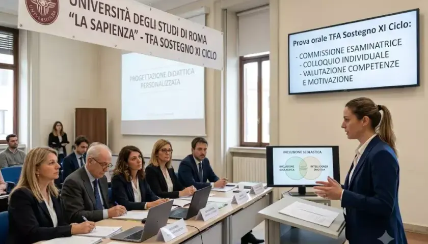 Commissione valuta la motivazione TFA sostegno orale. Presentazione su inclusione scolastica e progettazione didattica.