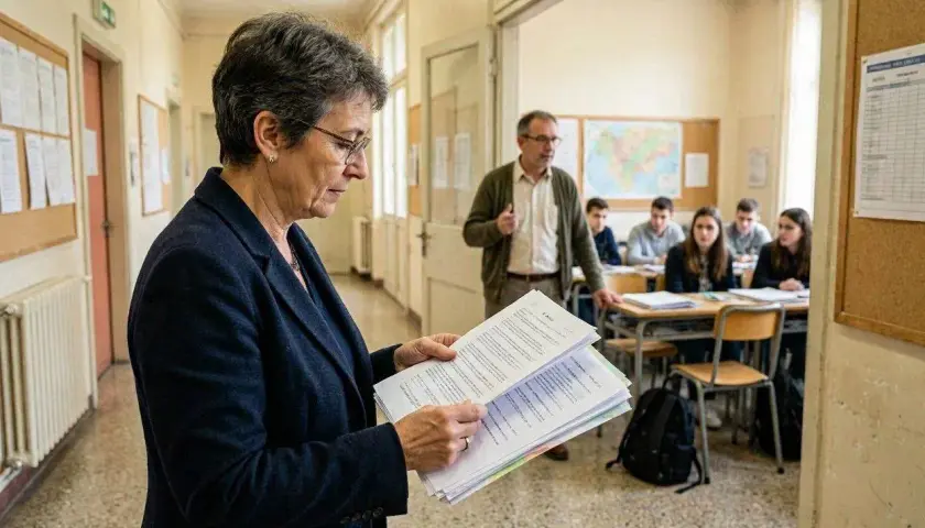 Docente esamina documenti, forse legati alle immissioni in ruolo, mentre in classe un collega spiega la lezione agli studenti.