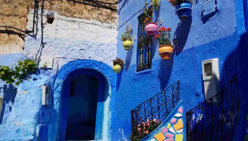 Un vicolo nella città azzurra del Marocco, con case blu, vasi di fiori colorati e una scala decorata.