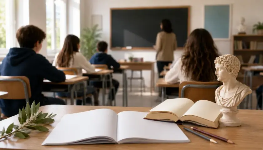Aula di latino alle medie. Studenti ascoltano la lezione, con un busto classico e libri sul banco.