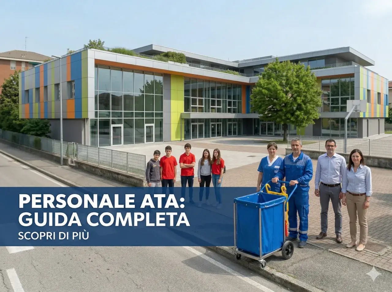 Personale ATA: guida completa per la scuola. Un team sorridente davanti a un edificio moderno.