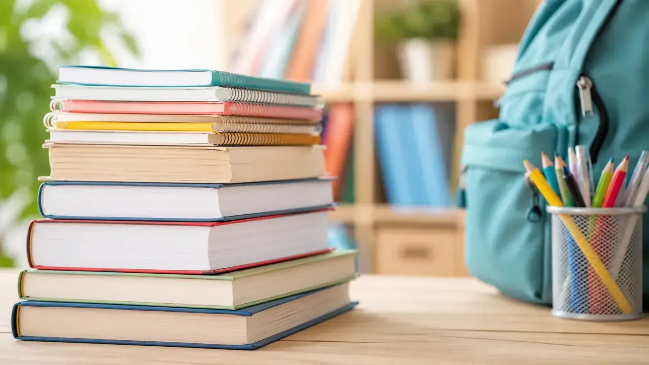 Pila di libri colorati, zaino azzurro e astuccio con matite. Un'immagine che evoca la voglia di studiare e la possibilità di un bonus libri ISEE.