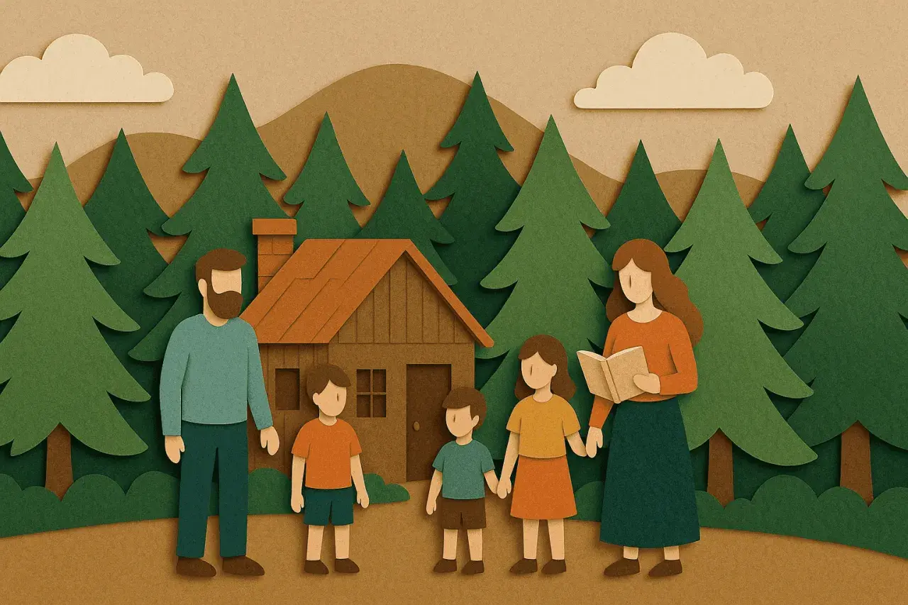 Famiglia in un bosco, con una casa e alberi. La madre legge un libro ai figli, un esempio di scuola parentale.