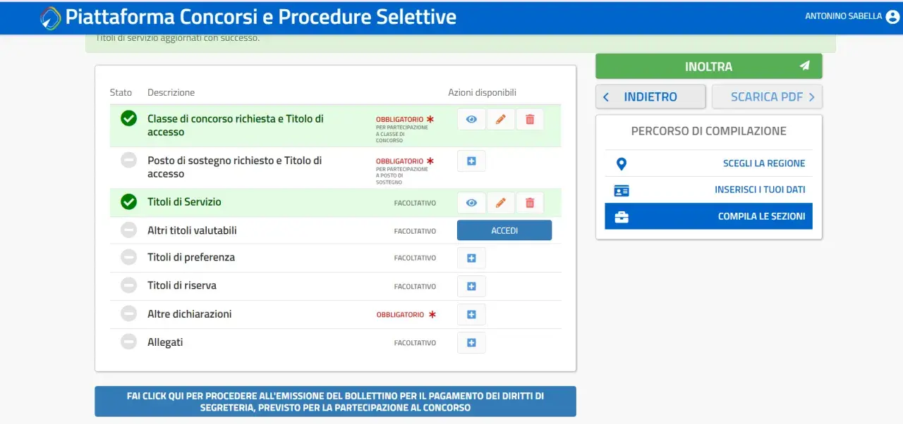 Piattaforma per procedure selettive e concorsi: sezione "Titoli di Servizio" completata.