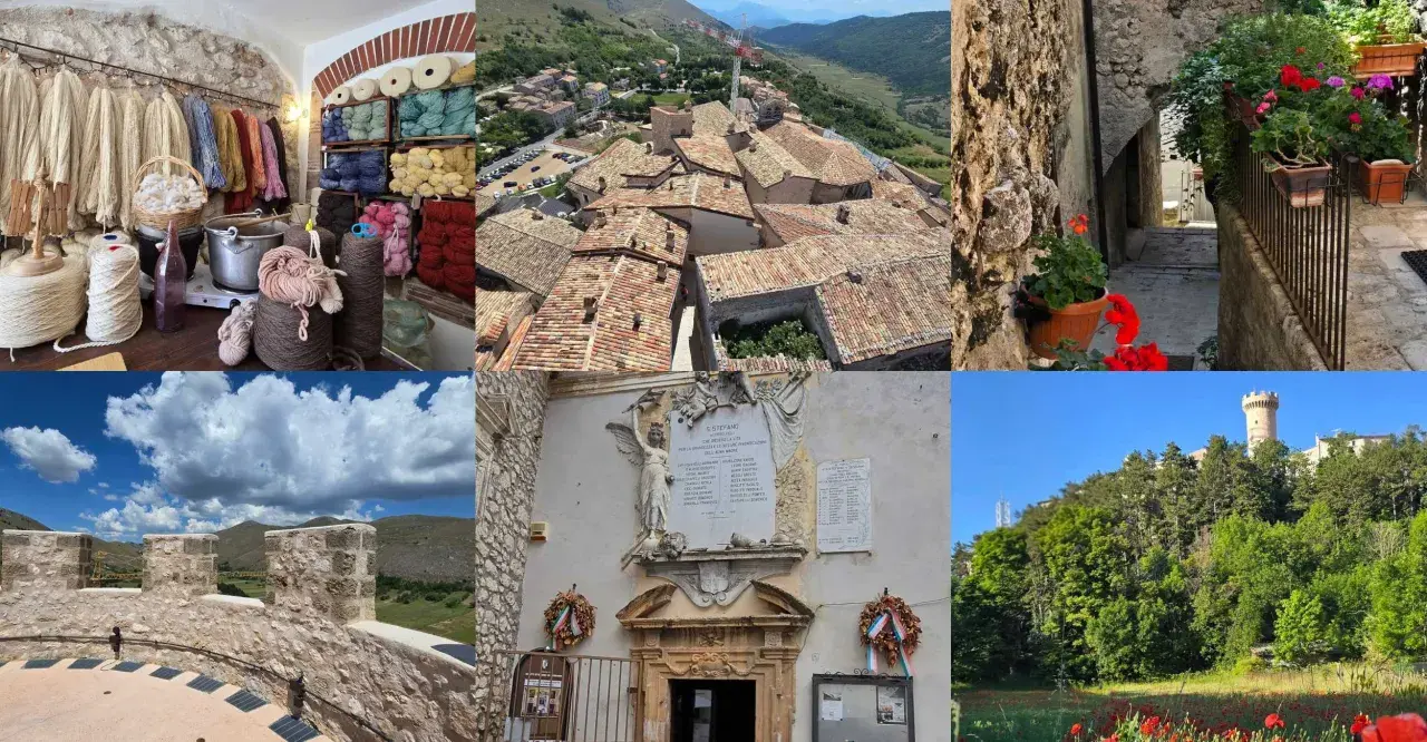 Viste di Santo Stefano di Sessanio: bottega di filati, tetti del borgo, vicoli fioriti, mura antiche e un castello in collina.