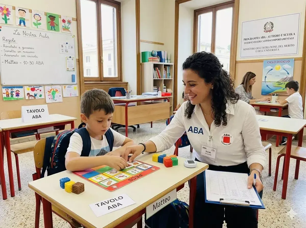 Bambino con insegnante ABA in aula, concentrati sull'apprendimento. Il loro stipendio di agosto docenti è meritato.