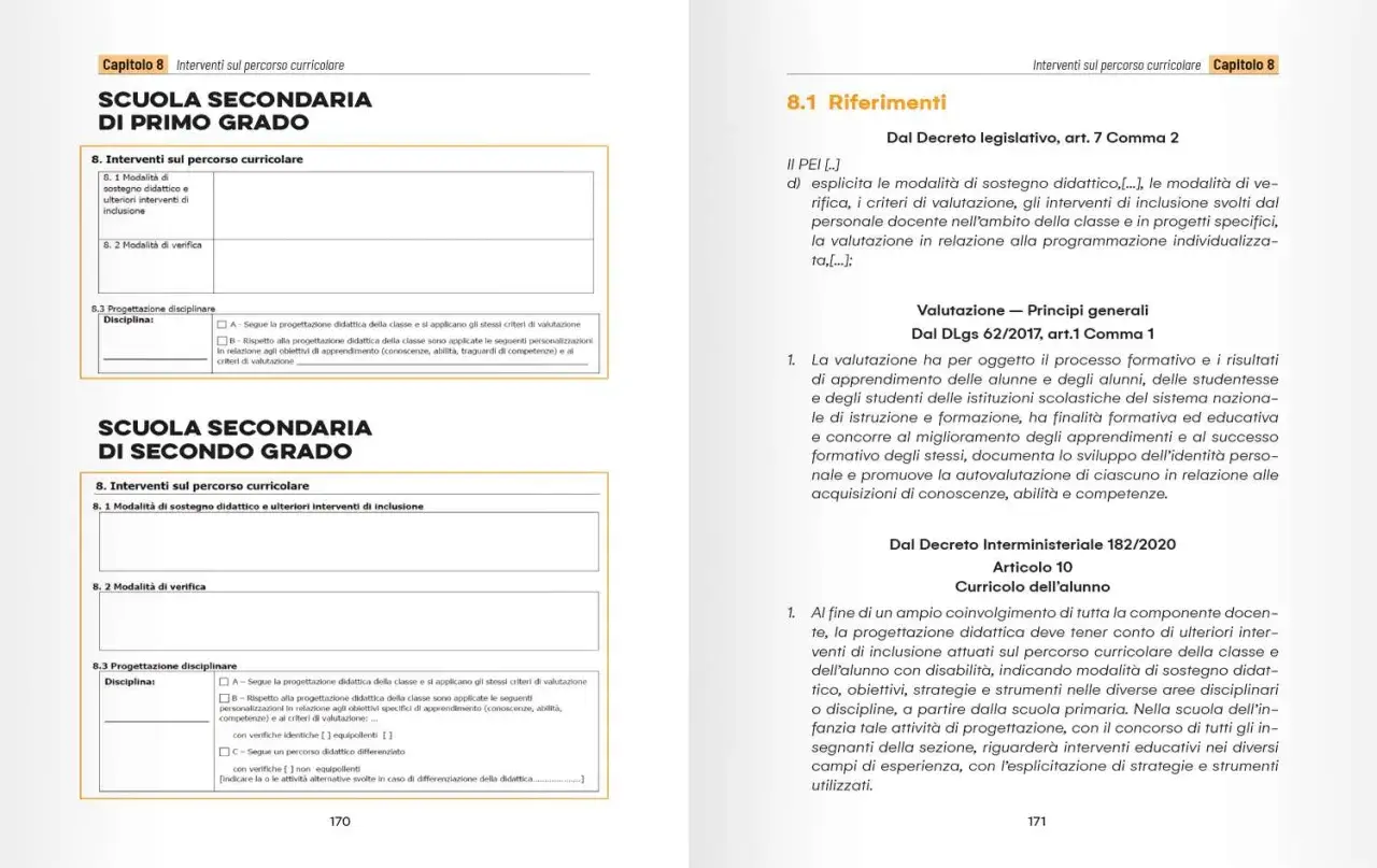 Documento scolastico con sezioni su scuola secondaria di primo e secondo grado, che include un esempio di verifica PEI.