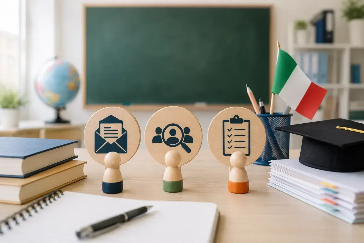 Tre sagome di legno con icone (lettera, lente d'ingrandimento su persone, lista) su una scrivania, con lavagna, bandiera italiana e cappello da laureato sullo sfondo. Il **mad personale ata** è pronto per il reclutamento.