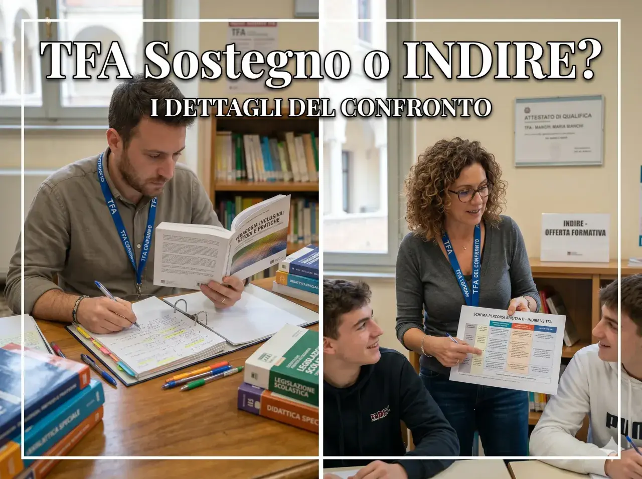 Uomini e donne studiano, confrontando i percorsi TFA e Indire. Il TFA significato è centrale in questo confronto formativo.