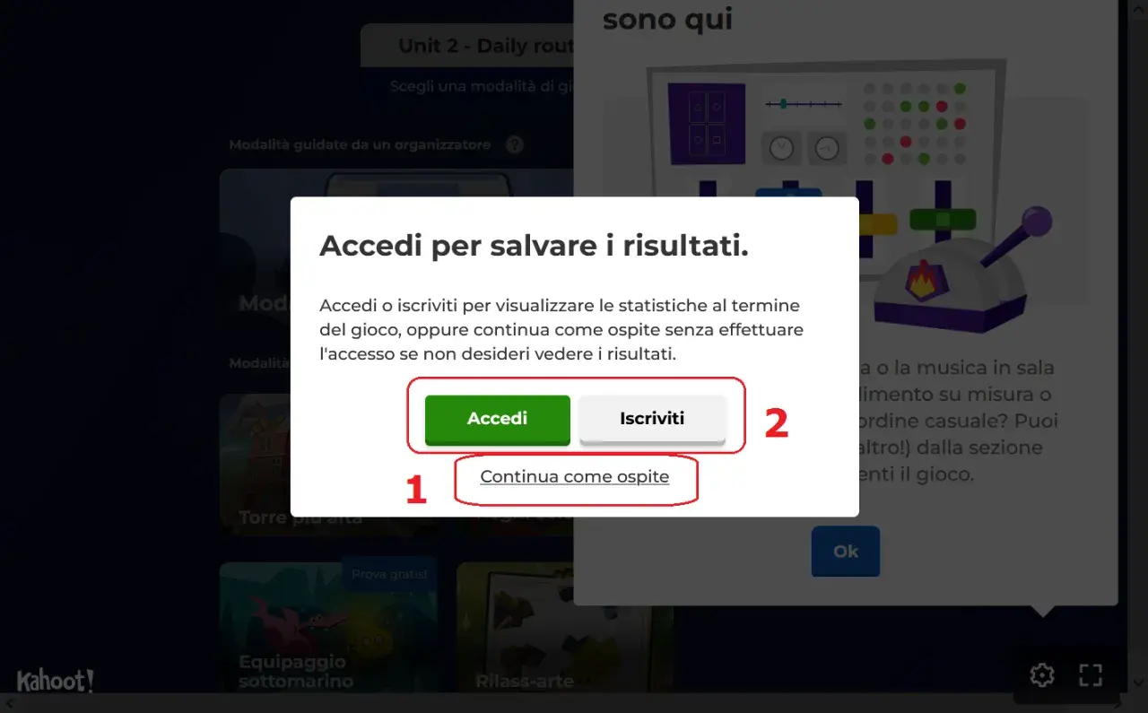 Finestra di dialogo Kahoot per salvare i risultati. Per iniziare a giocare, scegli "Accedi", "Iscriviti" o "Continua come ospite".