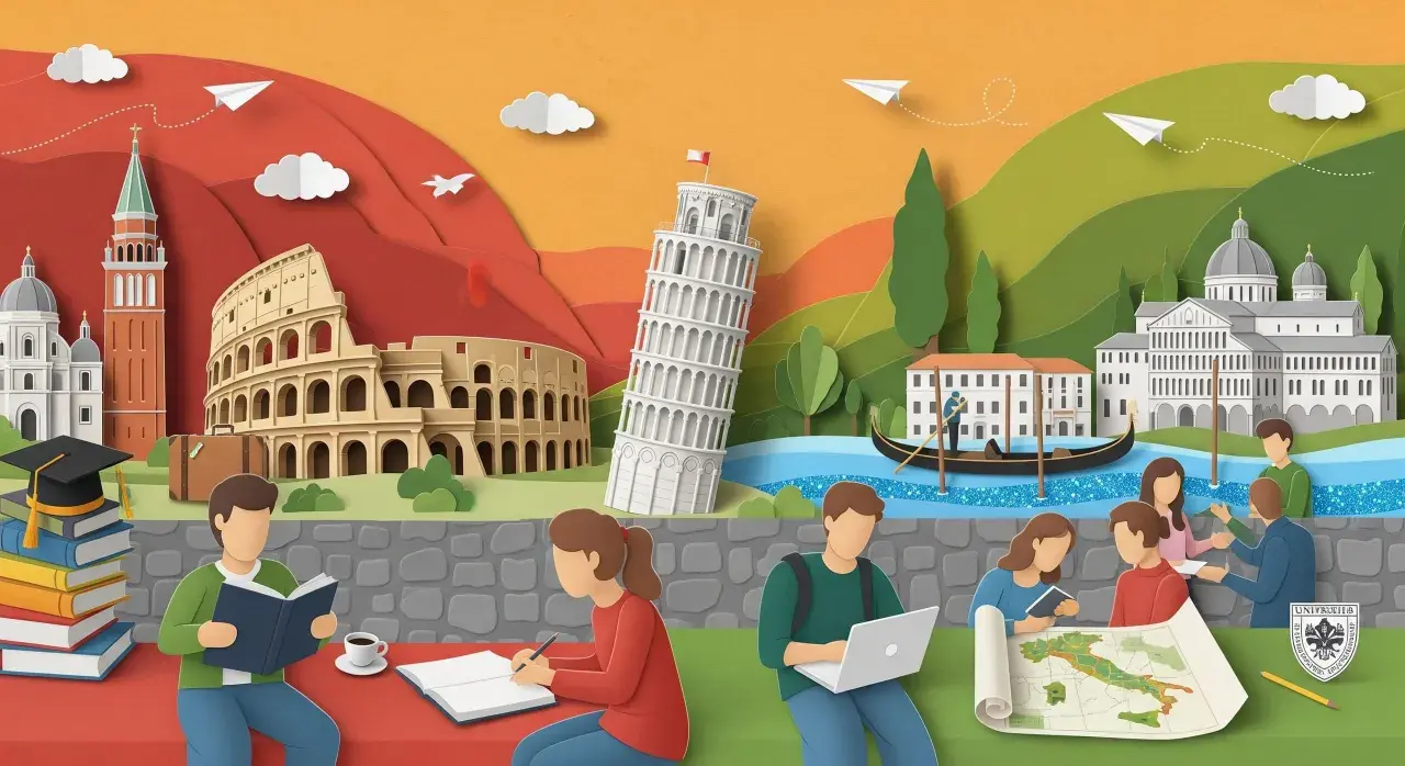 Studenti studiano e sognano l'erasmus in Italia, tra monumenti iconici e paesaggi da cartolina.