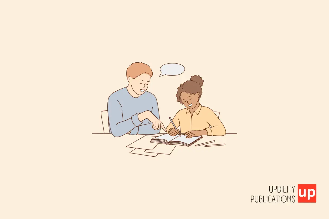 Un uomo indica un libro mentre una ragazza scrive, forse chi redige il PEI.