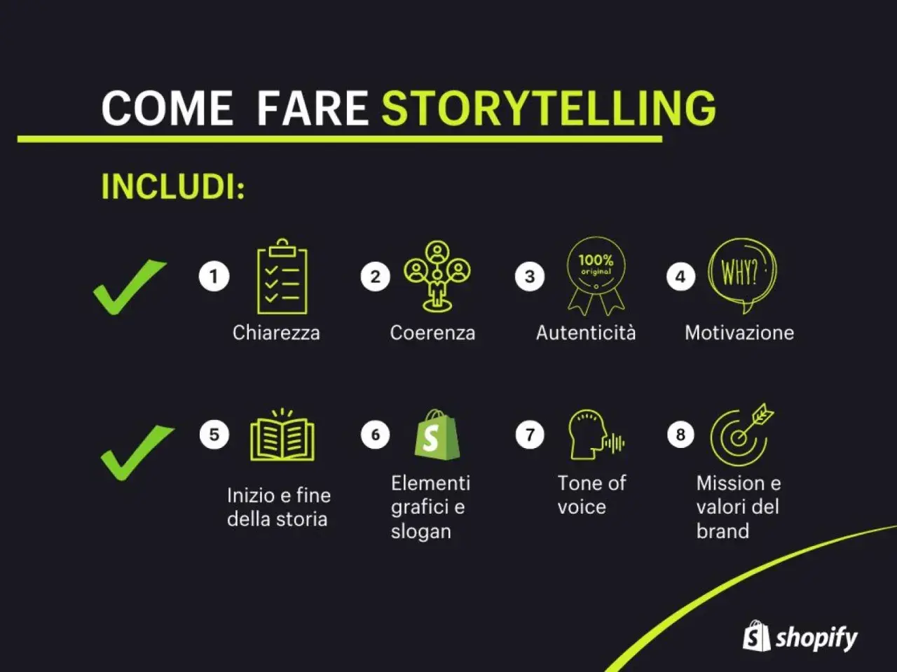 Guida alla storytelling per la scuola: chiarezza, coerenza, autenticità, motivazione, inizio/fine storia, elementi grafici, tone of voice e valori del brand.