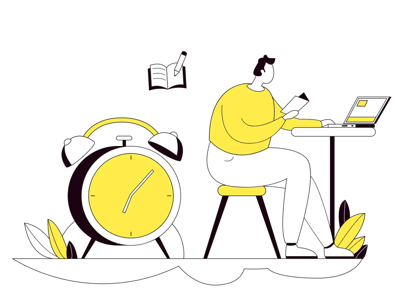 Studente concentrato al computer, con sveglia e libro. La buona scuola richiede impegno e tempo.
