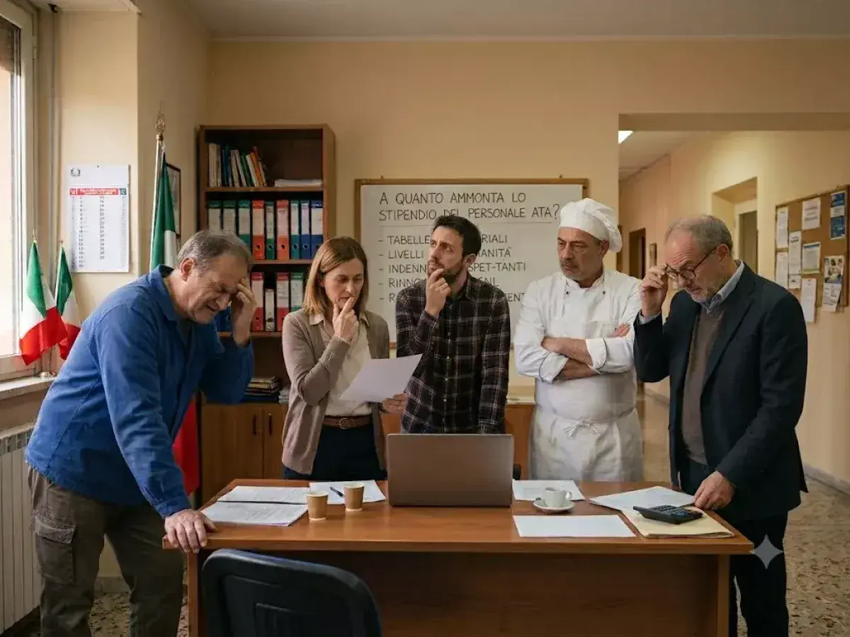Gruppo di persone discute su un foglio, con una lavagna che chiede: "A quanto ammonta lo stipendio del personale ATA?". Sembra una riunione per definire le retribuzioni.