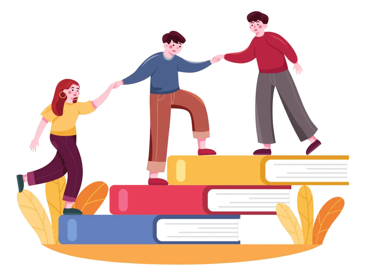 Persone si aiutano a salire su una pila di libri, simboleggiando il sostegno nella scuola.