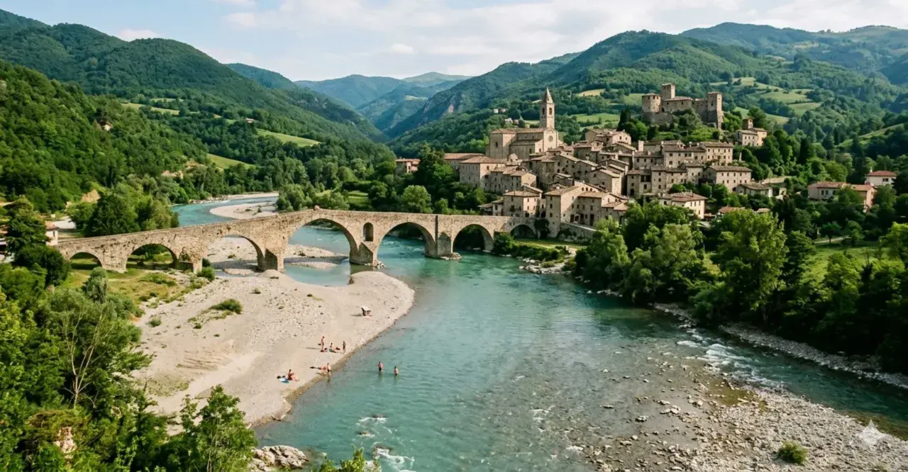 Ponte medievale sul fiume Trebbia, con borgo storico e castello arroccato. Un luogo incantevole da scoprire nel Val Trebbia, cosa vedere per un'esperienza indimenticabile.