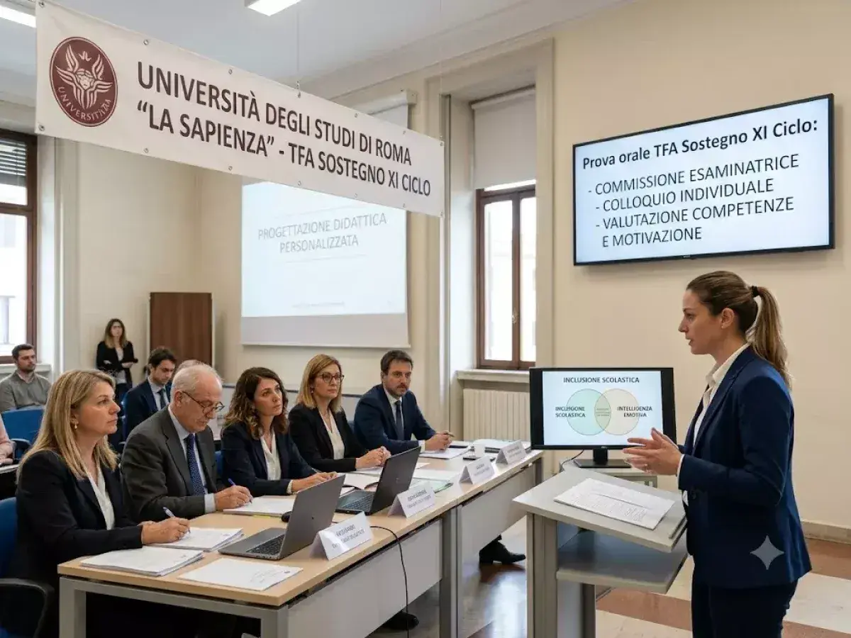 Commissione valuta la motivazione TFA sostegno orale. Presentazione su inclusione scolastica e progettazione didattica.