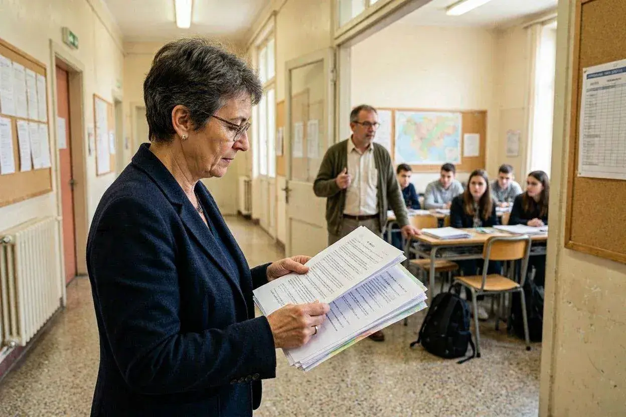 Docente esamina documenti, forse legati alle immissioni in ruolo, mentre in classe un collega spiega la lezione agli studenti.