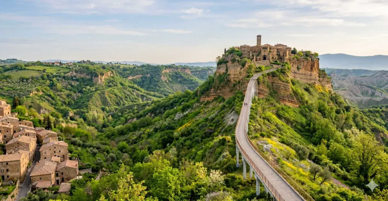 Ponte pedonale verso Civita di Bagnoregio, un borgo medievale arroccato su una rupe, circondato da verdi calanchi.