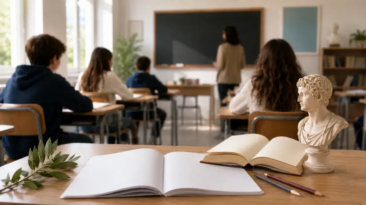 Aula di latino alle medie. Studenti ascoltano la lezione, con un busto classico e libri sul banco.