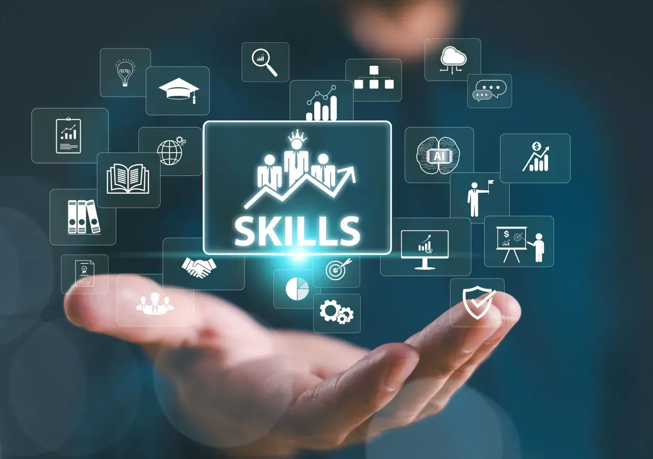 Un attestato di alfabetizzazione digitale che simboleggia il successo e la crescita professionale, con icone che rappresentano apprendimento, dati e tecnologia.