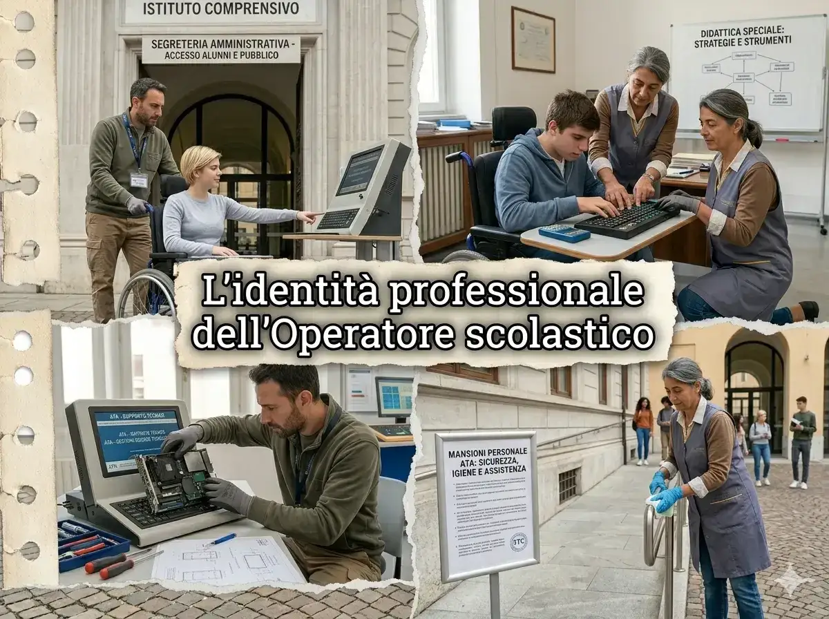 Operatori scolastici ATA supportano studenti e personale. L'immagine mostra diverse mansioni, dall'assistenza informatica all'aiuto in aula, evidenziando il ruolo cruciale del personale ATA.