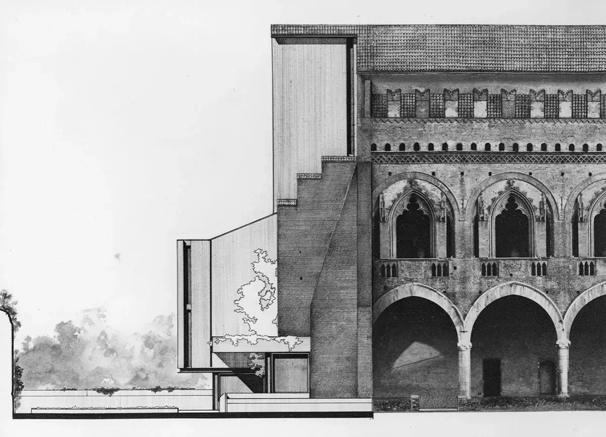 Disegno architettonico che fonde il castello visconteo di Pavia con un'aggiunta moderna, creando un dialogo tra antico e contemporaneo.