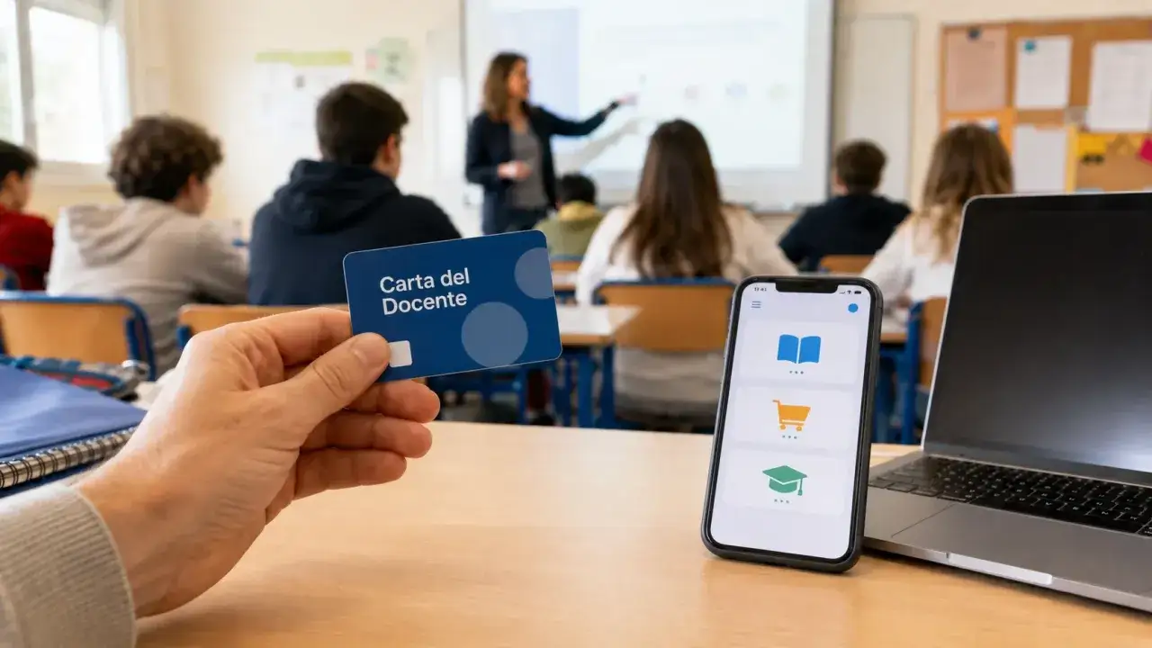 Carta del Docente in mano, smartphone con app e laptop su un banco di scuola. La formazione continua è a portata di click.