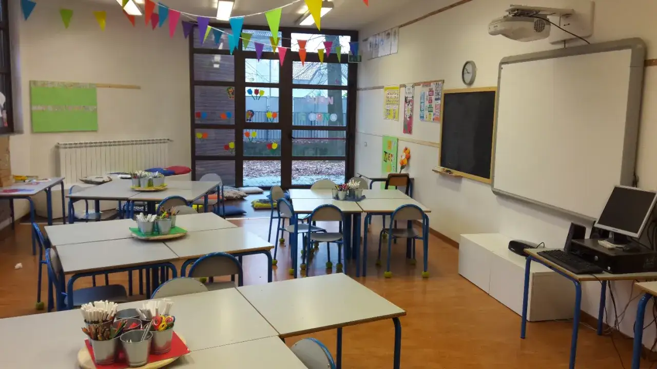 Aula luminosa con banchi, sedie, lavagna interattiva e proiettore. Si discute di scuola senza zaino: pro e contro.