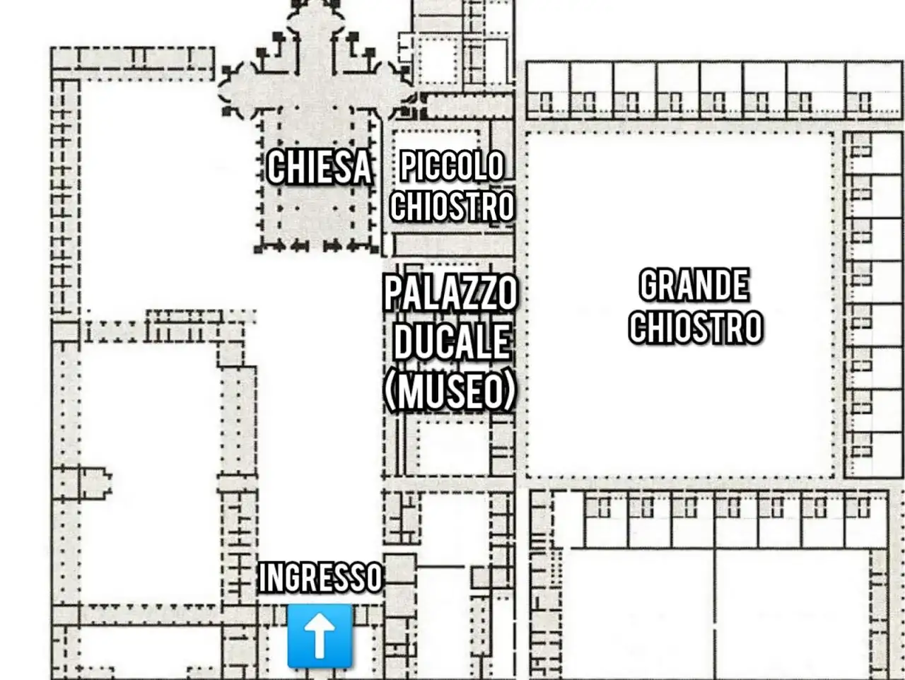 Mappa della Certosa di Pavia: ingresso, chiesa, piccolo e grande chiostro, palazzo ducale (museo). Cosa vedere per esplorare questo capolavoro.