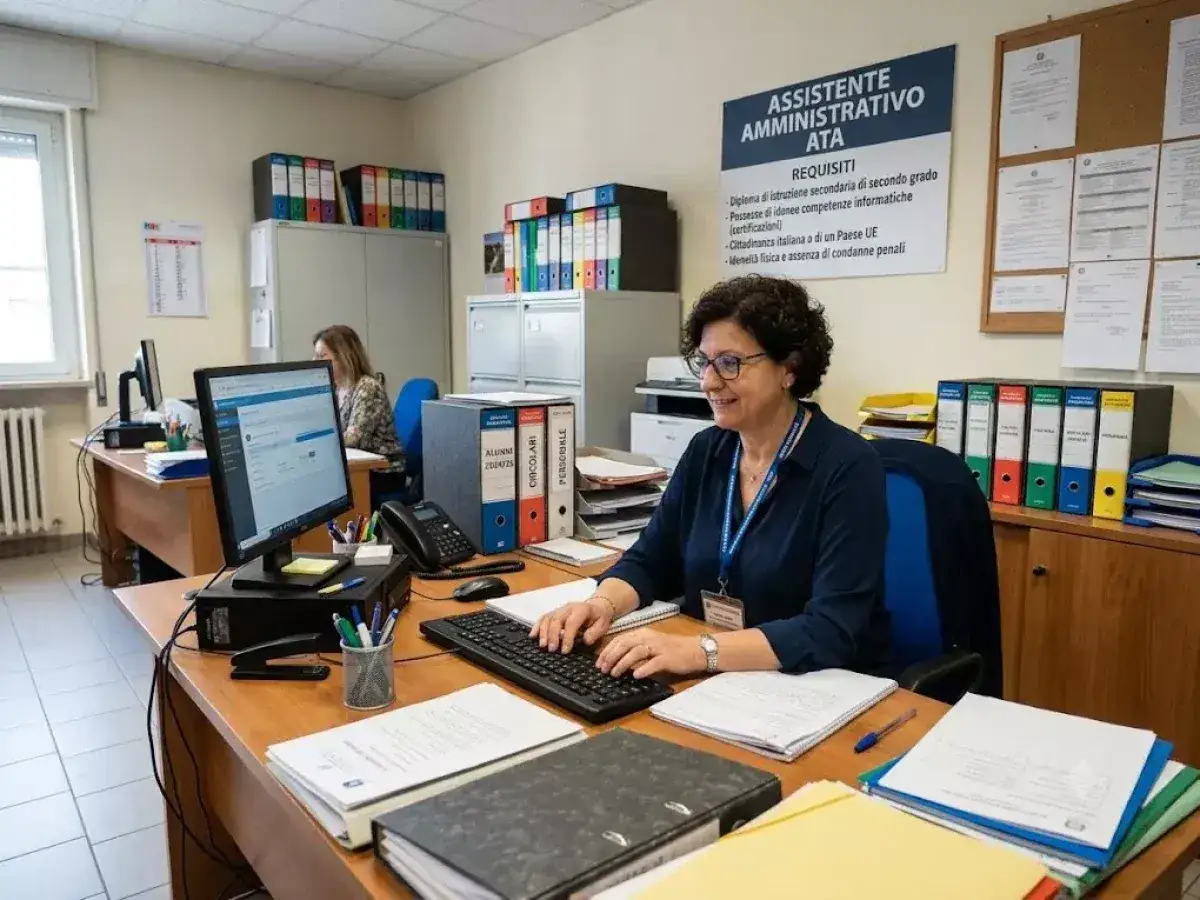 Donna sorridente al computer in ufficio scolastico, con cartellonistica sui requisiti per assistente amministrativo ATA e fascicoli ordinati.