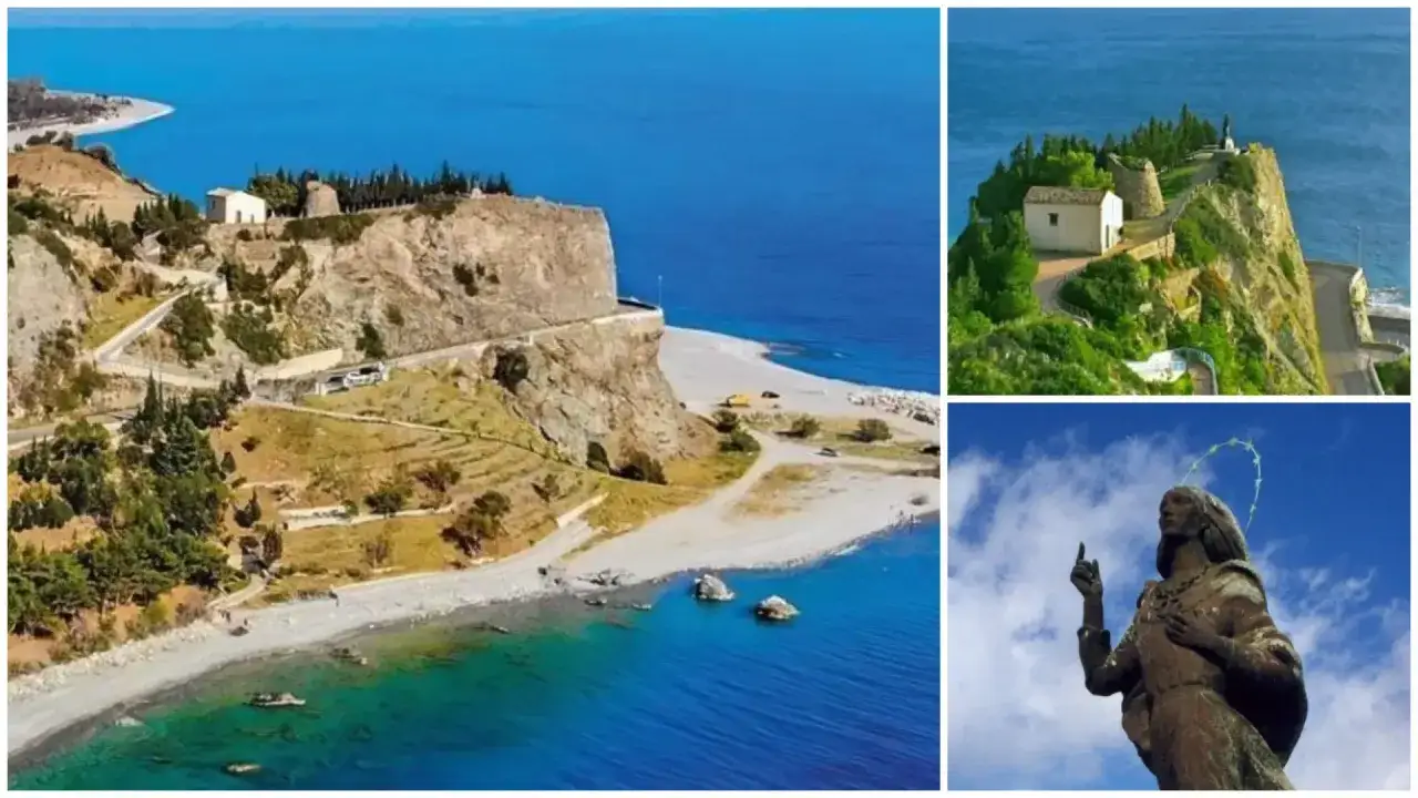 La rocca del capo domina il mare blu, con una chiesetta e una statua che veglia sulla costa.